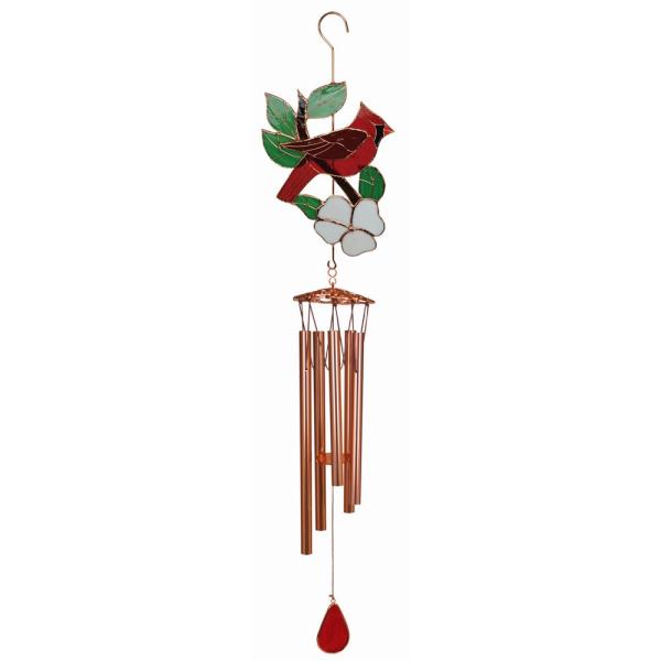 Decorative wind chime with a red cardinal and green leaves on a white background